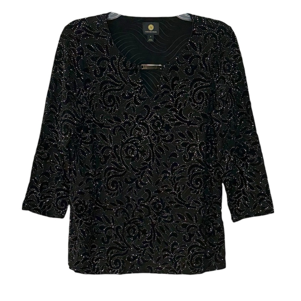 JM Collection Blouse Sparkly Flocked Jacquard 3/4 Sleeve Black Size Small NWT